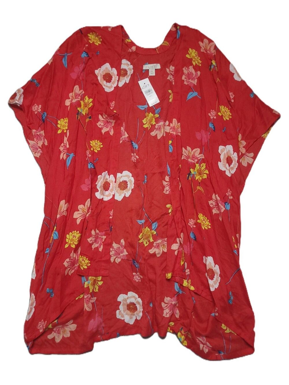 Loft Red Floral Kimono Open Front Womens Size M/L Colorful Vacation Cruise Beach